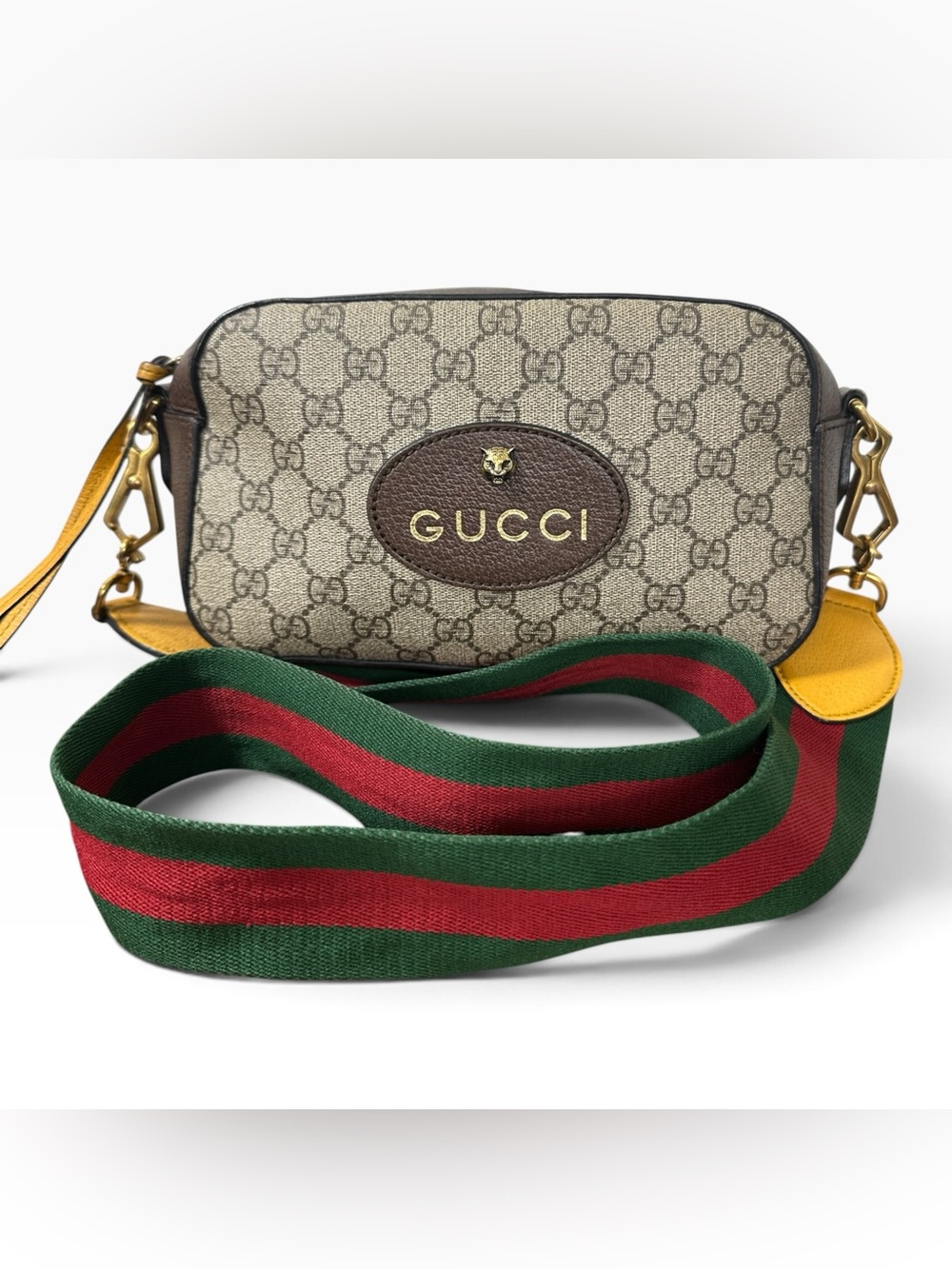 Gucci Neo GG Supreme Camera Crossbody Bag Web Strap Feline 476466